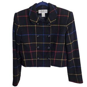 Vintage Black Plaid Cropped Double Breasted Dark Academia Wool Blazer Size 6